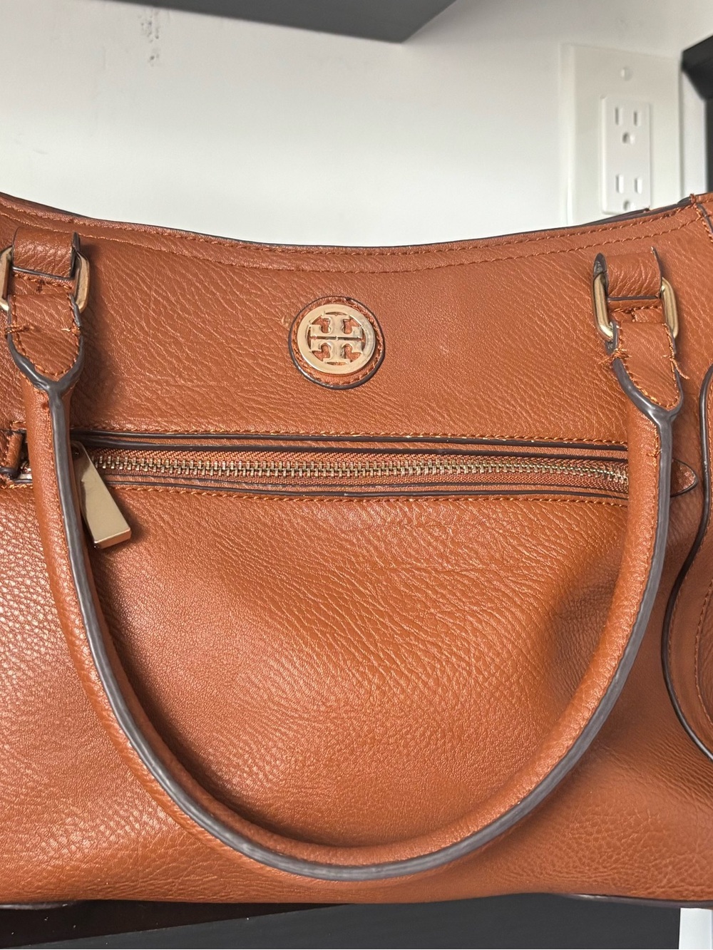 Tory Burch Tan Pebbled Leather Shoulder Tote with Logo Medallion